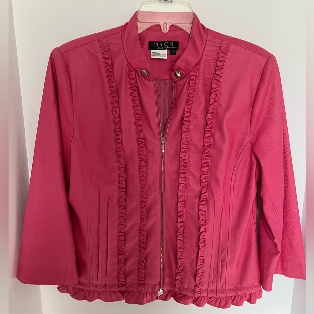 Women’s Faux Leather Jacket, Size S, Carnation Pink, Ruffle Trim, City Girl
